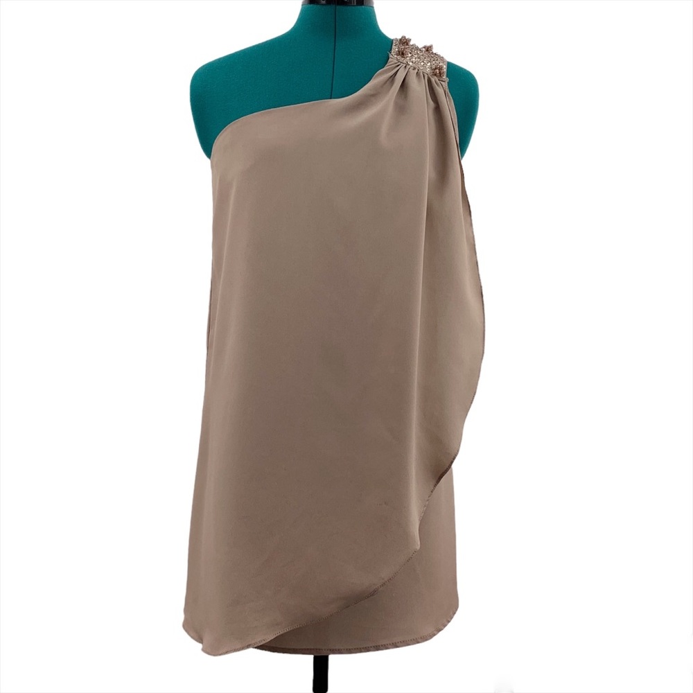 Mustard Seed Tan Beaded Shoulder Asymmetrical Sleeveless Two Layer Top, Small